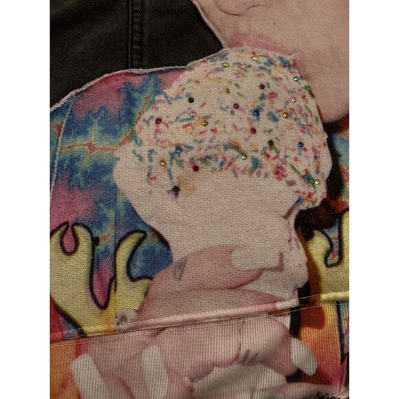 MILEY CYRUS Bangerz Y2K Upcycled Retro Black Distressed Denim Jacket Size M - Picture 11 of 14